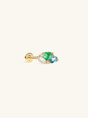 KOSINER Gem Garden 14K Solid Gold Multi Shape Emerald Blue Topaz Clear CZ Cluster Flat Back Stud, Three-Tone Mixed Gem Cartilage Piercing Earring, Hypoallergenic Stackable for Helix Tragus Lobe Conch