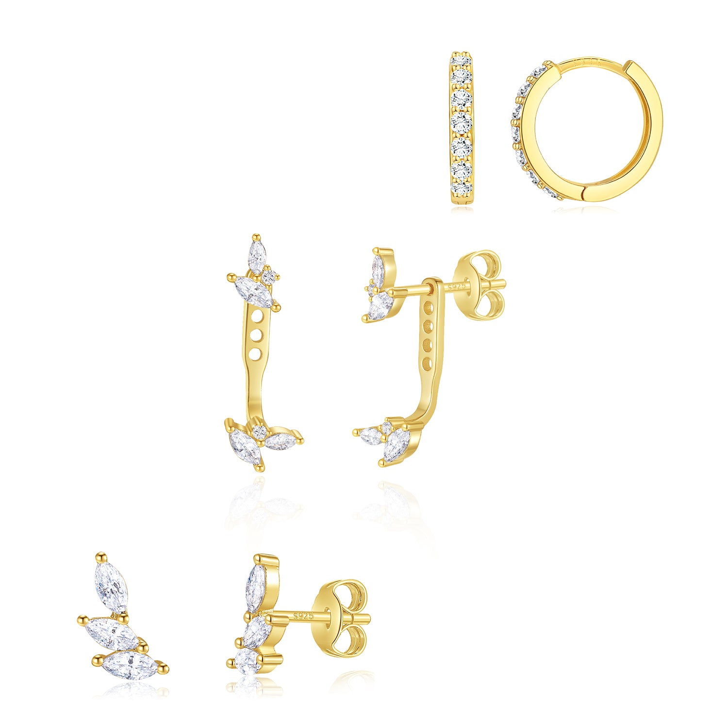 Collection of 18k gold-plated earrings with marquise cubic zirconia: huggie hoops, ear jackets, and studs.