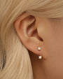 Two 18k gold-plated square-cut cubic zirconia stud earrings on woman's ear. Hypoallergenic.