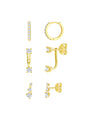 3-piece 18k gold-plated zircon earring set: hoops, studs, ear jackets. Hypoallergenic.