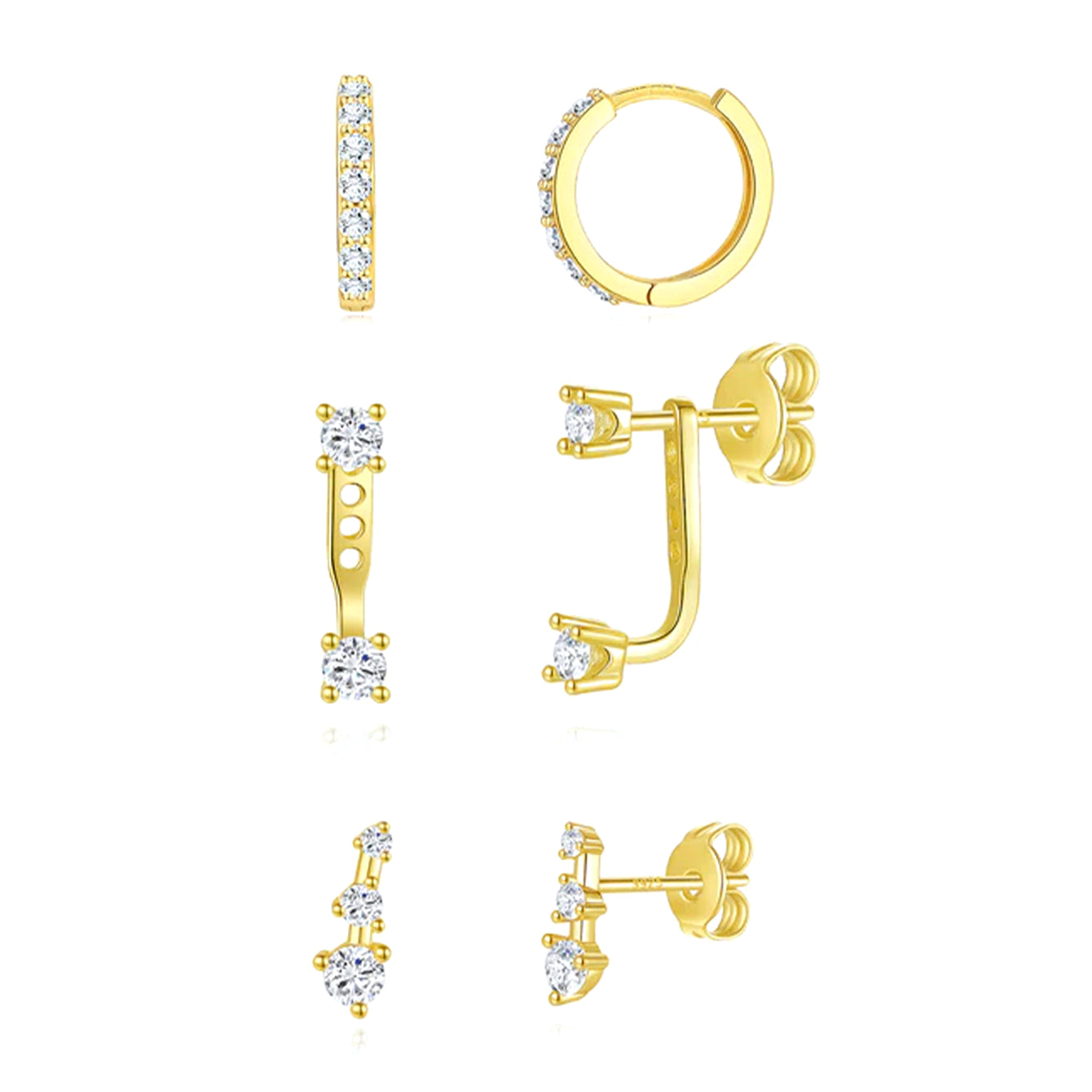 3-piece 18k gold-plated zircon earring set: hoops, studs, ear jackets. Hypoallergenic.
