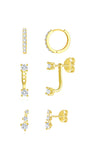 3-piece 18k gold-plated zircon earring set: hoops, studs, ear jackets. Hypoallergenic.