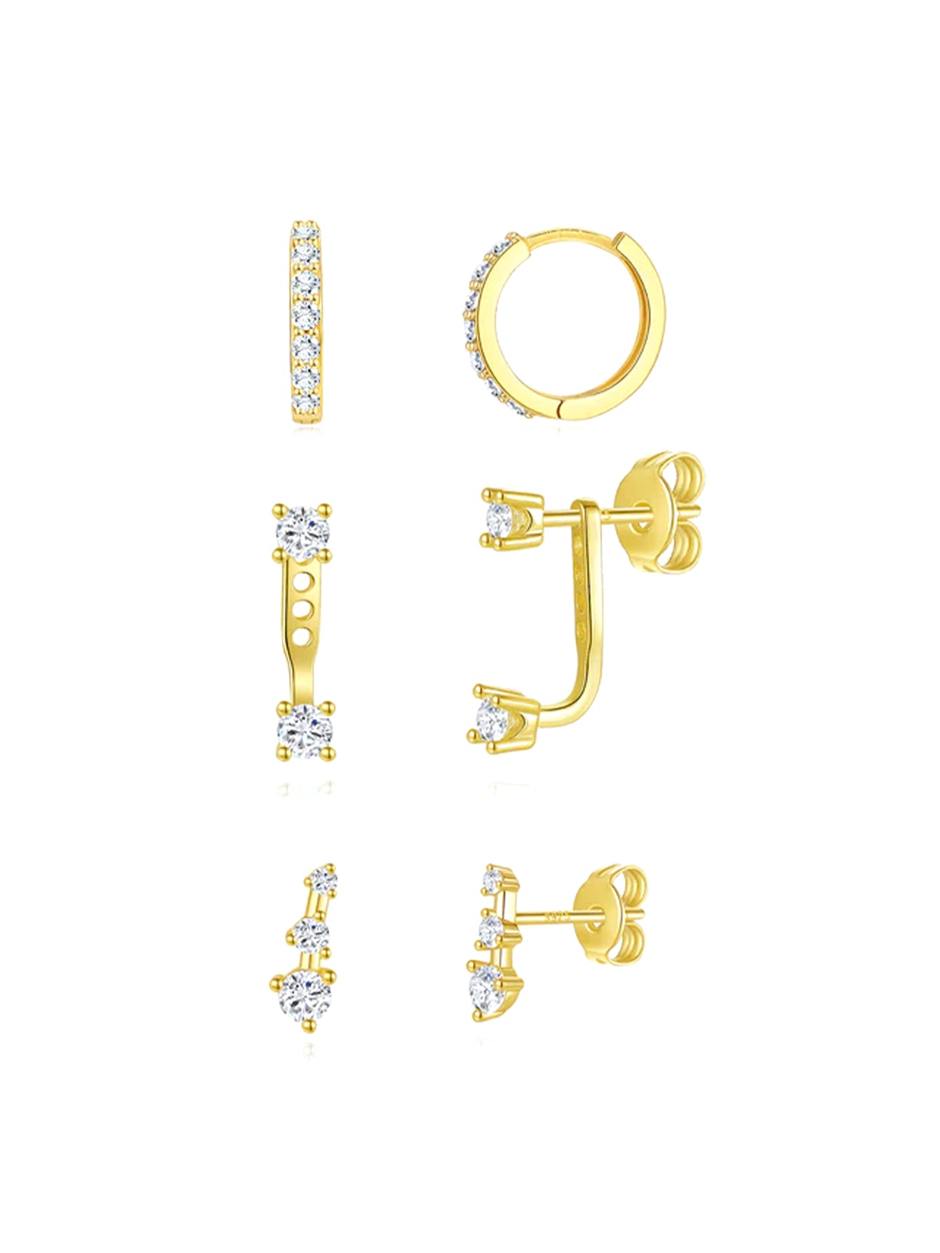 3-piece 18k gold-plated zircon earring set: hoops, studs, ear jackets. Hypoallergenic.