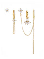 18k gold-plated sterling silver earrings: flower stud, dangle with CZ, and chain drop designs.