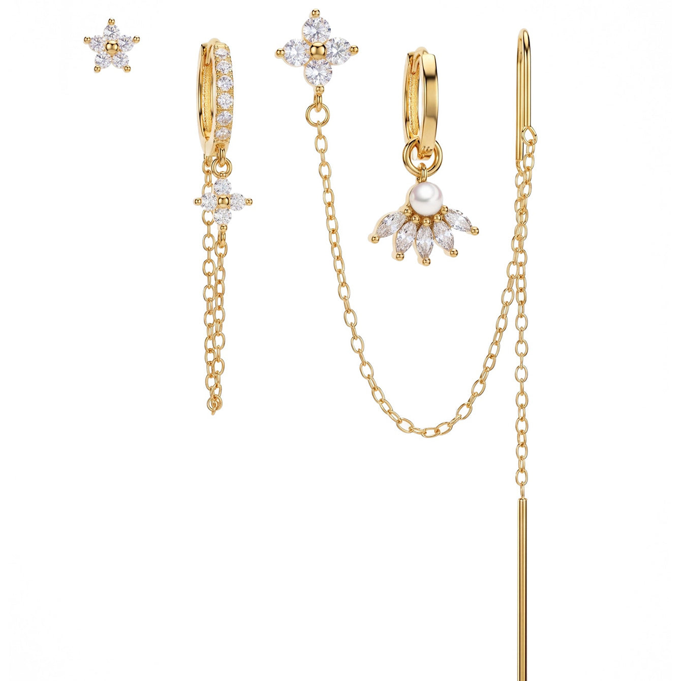 18k gold-plated sterling silver earrings: flower stud, dangle with CZ, and chain drop designs.