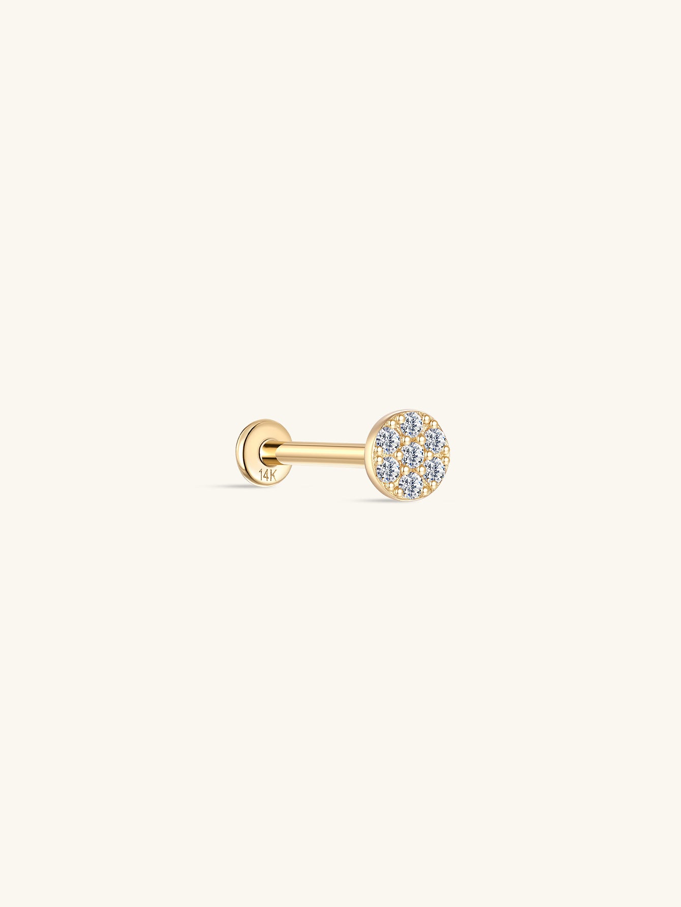 14K solid gold flat back labret stud earring with round cluster cubic zirconia stones.