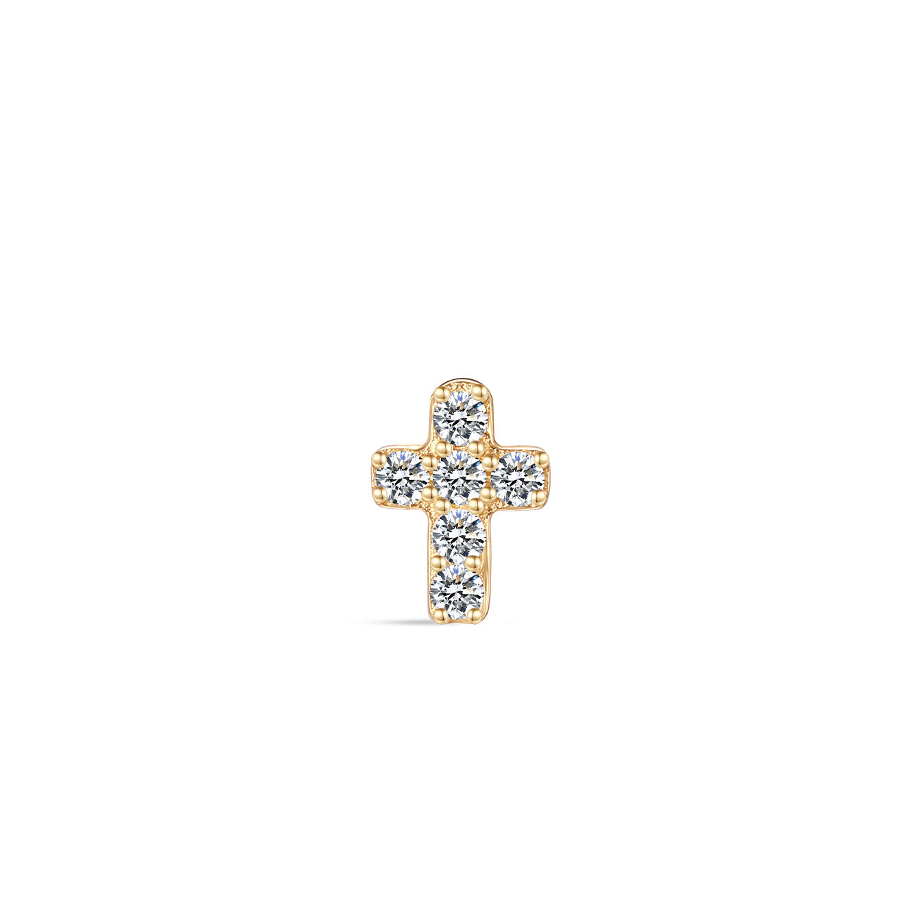 14K solid gold lucky cross piercing stud earring with five clear cubic zirconia stones, flat back closure, product appearance.