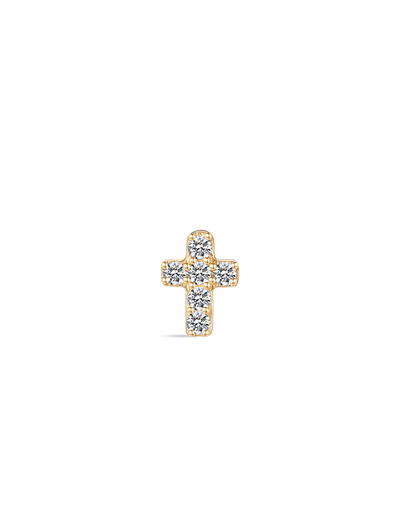 14K solid gold lucky cross piercing stud earring with five clear cubic zirconia stones, flat back closure, product appearance.