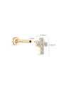 14K gold cross stud earring with clear CZ stones, 18G, 5mm flat back post, 4.3mm width, 5.8mm height.