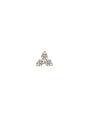 14K solid gold trinity stud piercing with three ultra shine cubic zirconia stones on white background.