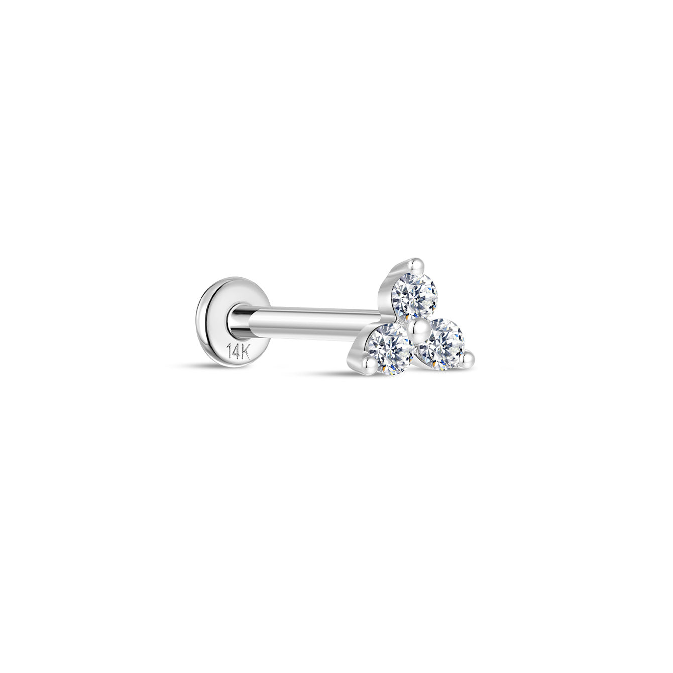 14K solid gold trinity stud piercing with three clear cubic zirconia stones and flatback post.