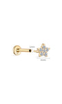 14K solid gold 4mm star labret stud earring with CZ, 18G gauge, internally threaded flat back.