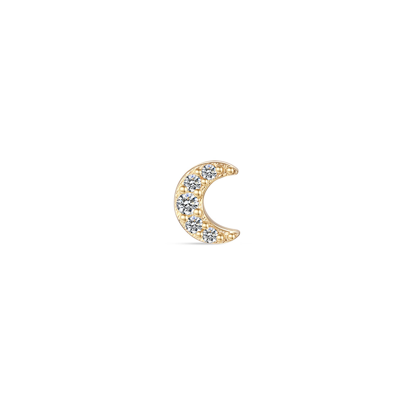 14K solid gold moon stud piercing with three sparkling cubic zirconia stones.