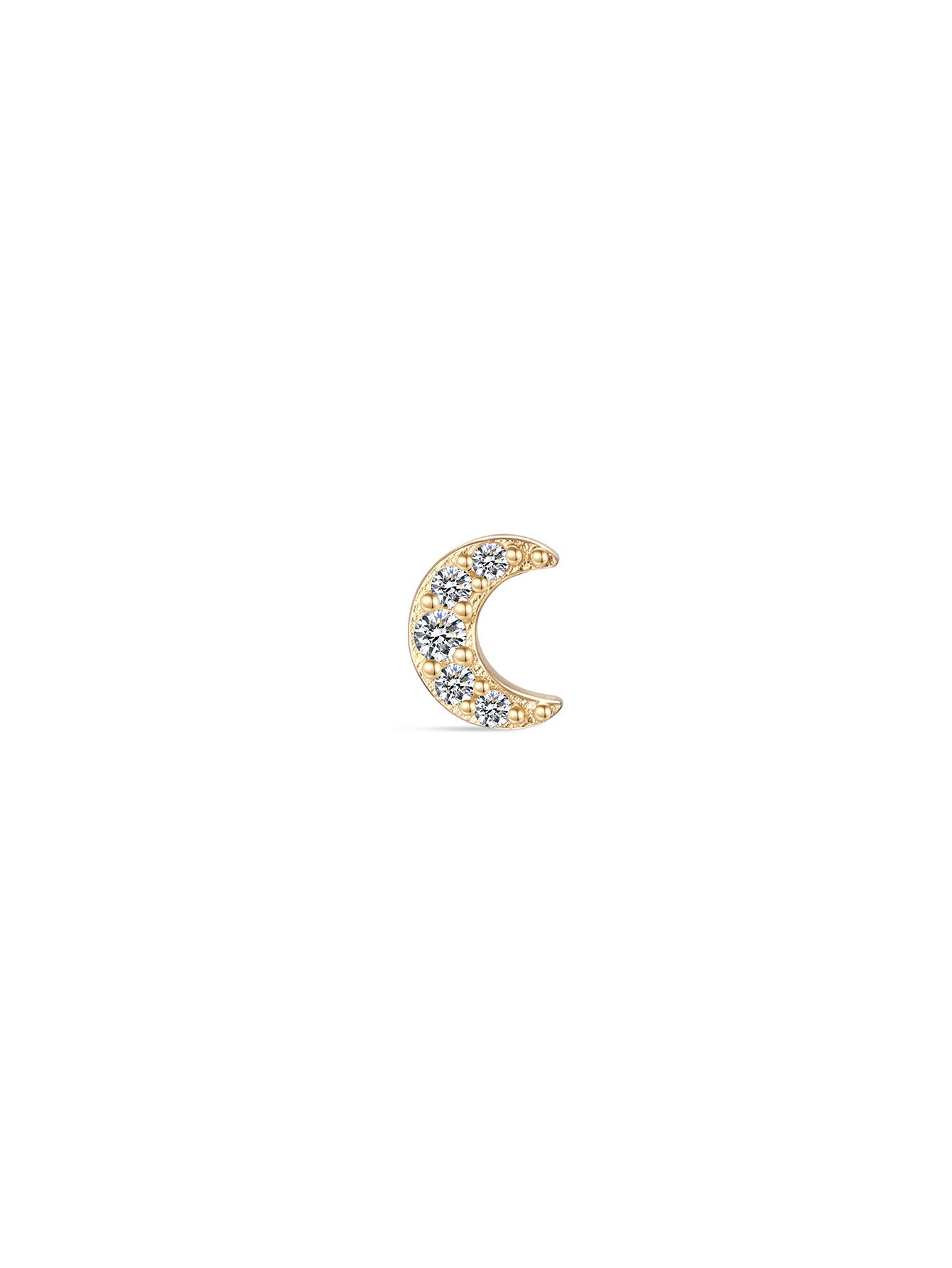 14K solid gold moon stud piercing with three sparkling cubic zirconia stones.