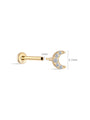 14K solid gold moon stud piercing with cubic zirconia and flat back labret post, showing dimensions.