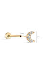 14K solid gold moon stud piercing with cubic zirconia and flat back labret post, showing dimensions.