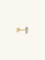 14K solid gold ear piercing stud with two sparkling stones vertically aligned and a comfortable flatback post.