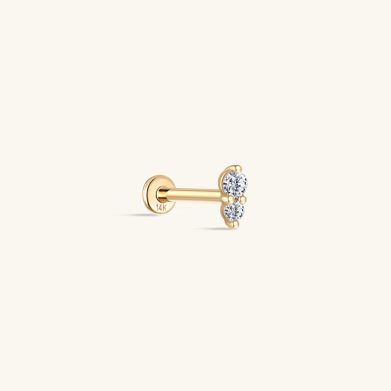 14K solid gold ear piercing stud with two sparkling stones vertically aligned and a comfortable flatback post.