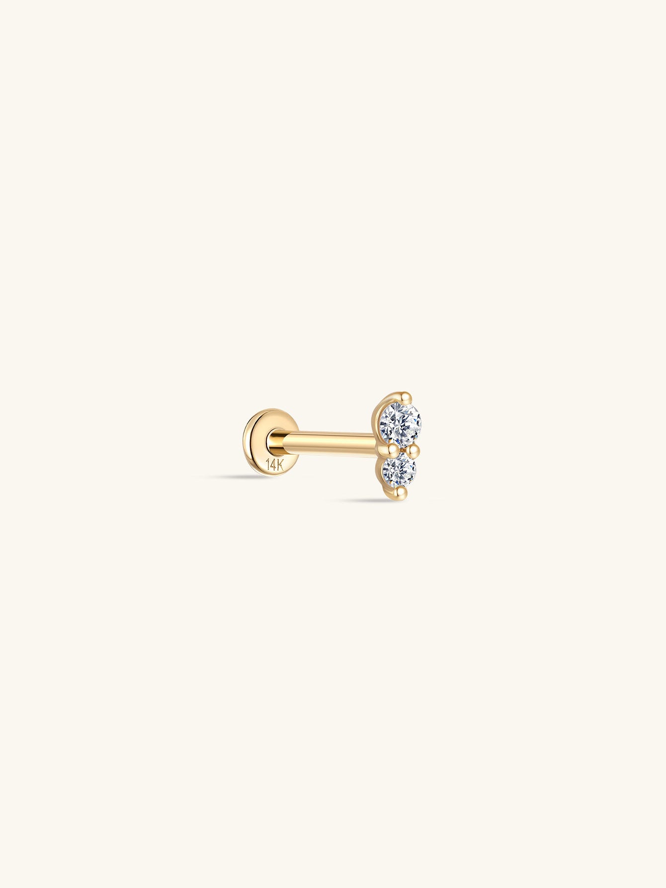 14K solid gold ear piercing stud with two sparkling stones vertically aligned and a comfortable flatback post.