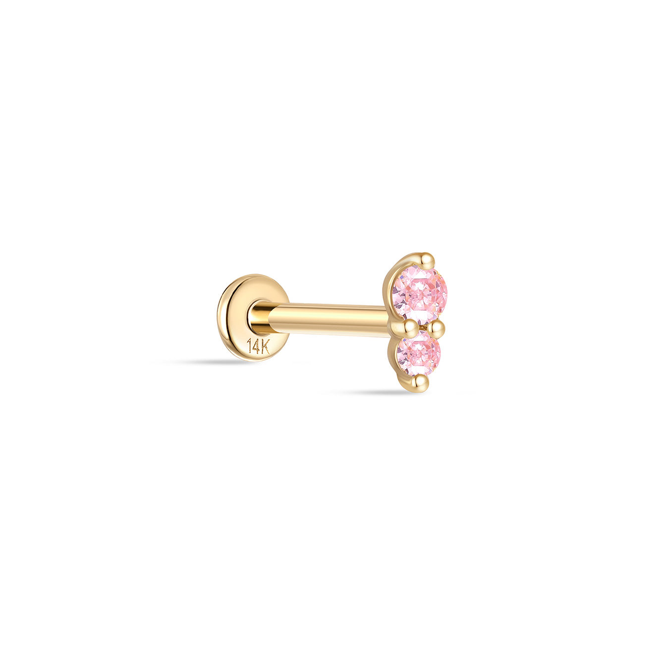 KOSINER Orecchini a bottone con doppia zirconia cubica in oro massiccio 14K, colore rosa chiaro, gioielli per piercing sul retro piatto con filettatura interna