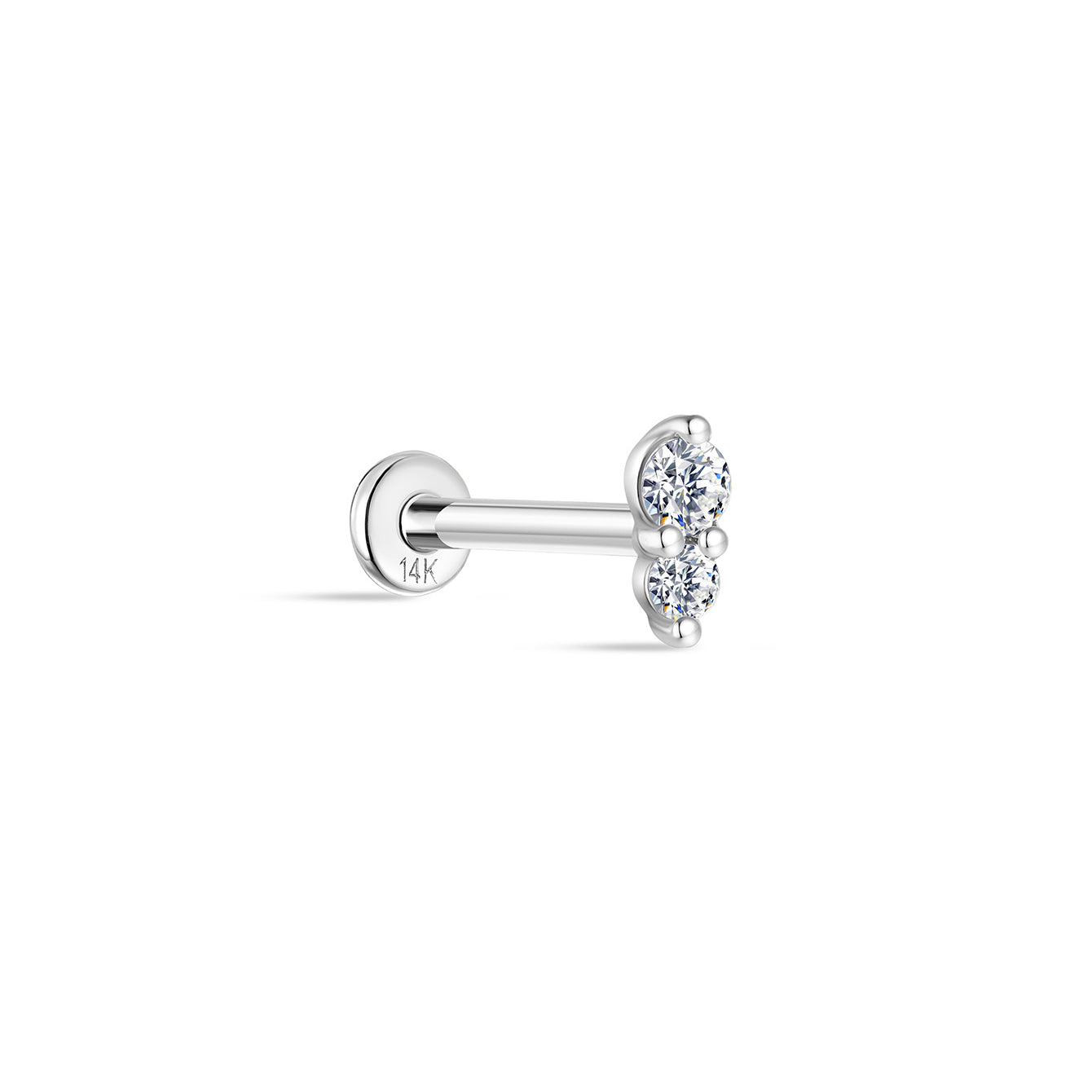 14K white gold labret stud with two clear cubic zirconia stones vertically stacked, flatback post. Product detail image.
