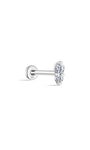 14K white gold labret stud with two clear cubic zirconia stones vertically stacked, flatback post. Product detail image.