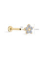 14K solid gold threaded flatback labret stud, 1mm gauge, 4.6mm wide flower with 5 CZ stones.