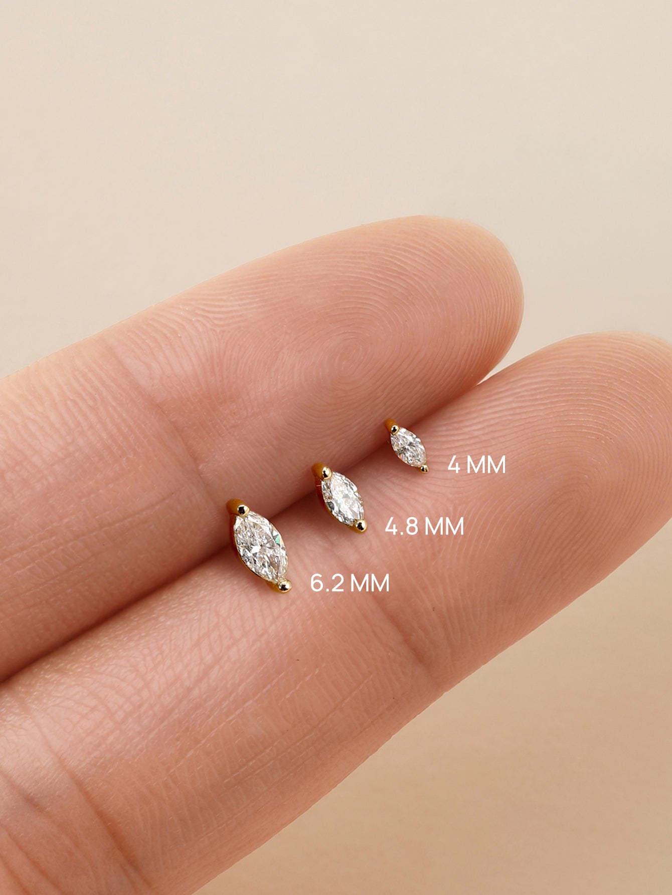 KOSINER 14K Solid Gold Marquise Lab-Grown Diamond Flat Back Stud, Internally Threaded Piercing