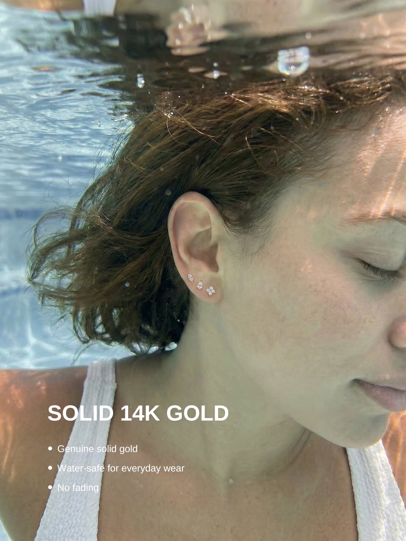 14K ソリッドゴールドリーフジルコンスレッドイヤーピアススタッド