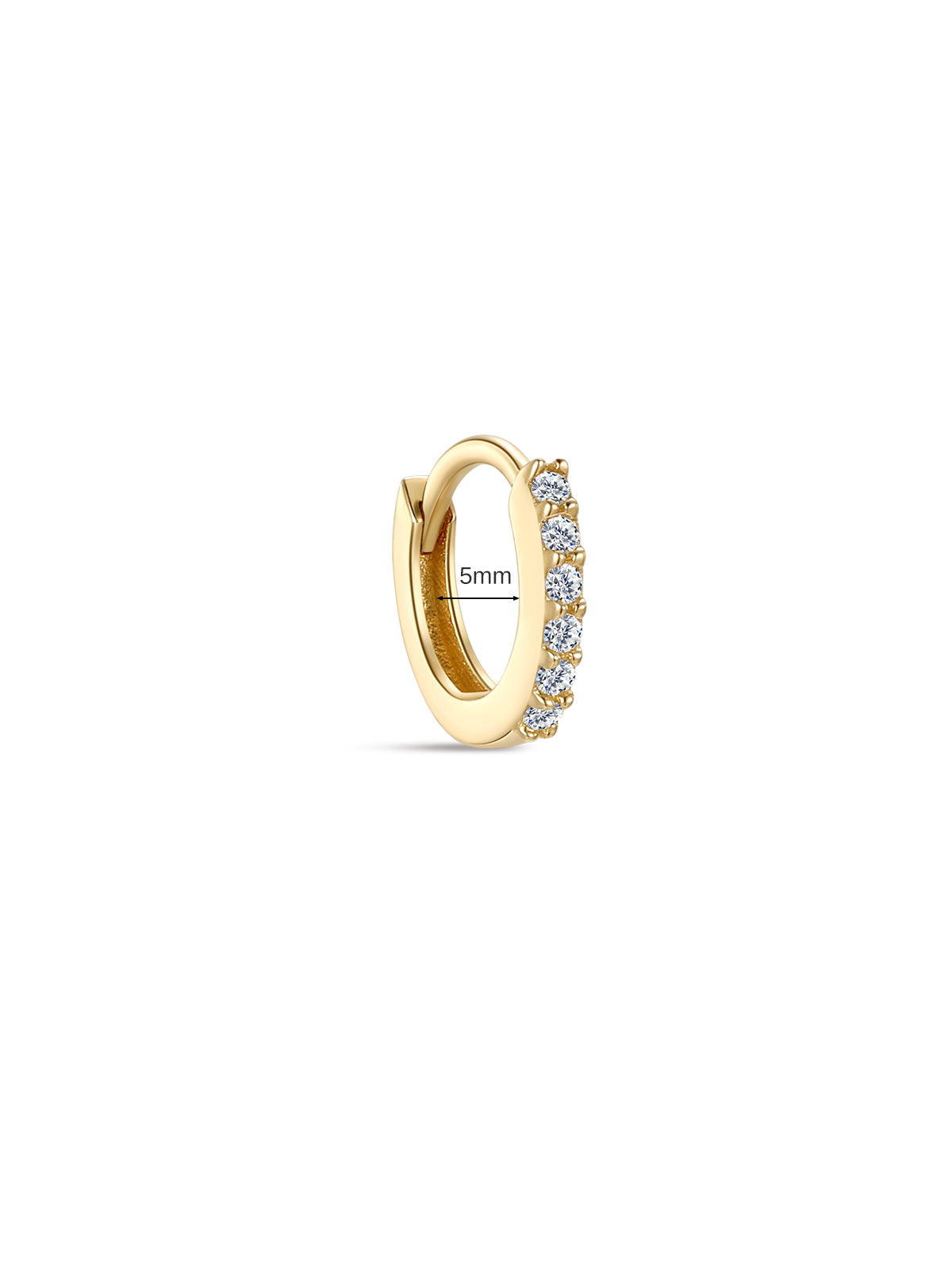 KOSINER 14K solid gold 5mm hinged clicker hoop earring, full pavé-set round lab-grown diamonds along outer edge, inner diameter marked 5mm, isolated on neutral off-white background