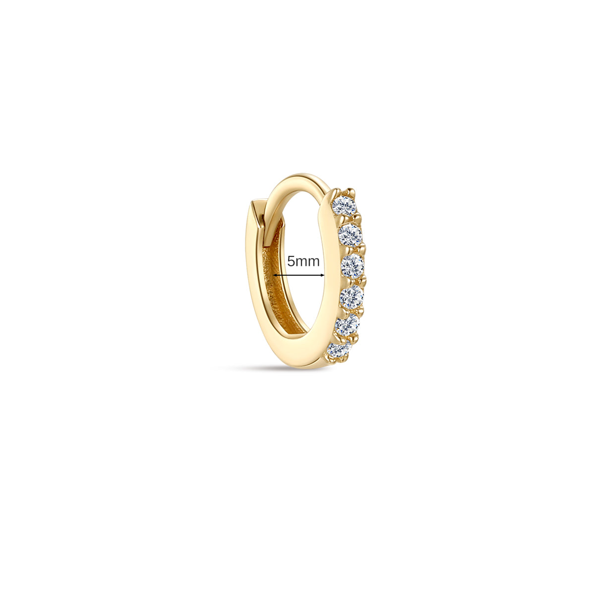 KOSINER 14K solid gold 5mm hinged clicker hoop earring, full pavé-set round lab-grown diamonds along outer edge, inner diameter marked 5mm, isolated on neutral off-white background