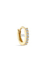 KOSINER 14K solid gold 5mm hinged clicker hoop earring, full pavé-set round lab-grown diamonds along outer edge, inner diameter marked 5mm, isolated on neutral off-white background