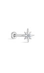 14K massief gouden achthoekige starburst labret piercing met helder zirkonia midden en platte achterkant.