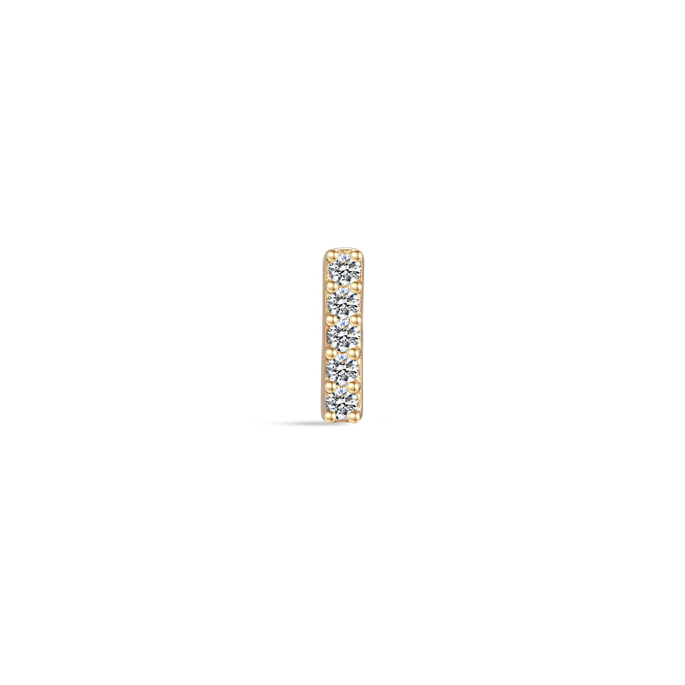 14K solid gold bar stud with five clear cubic zirconia stones, 18G, 5mm post, flat back labret.