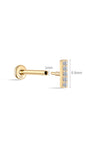 14K gold bar piercing stud, 18G, 5mm post with five clear CZ stones, flat back labret, product dimensions shown.