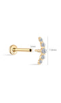 14K gold labret stud, 18G gauge, showing pave crescent moon with 5 clear stones, 7.8mm width.