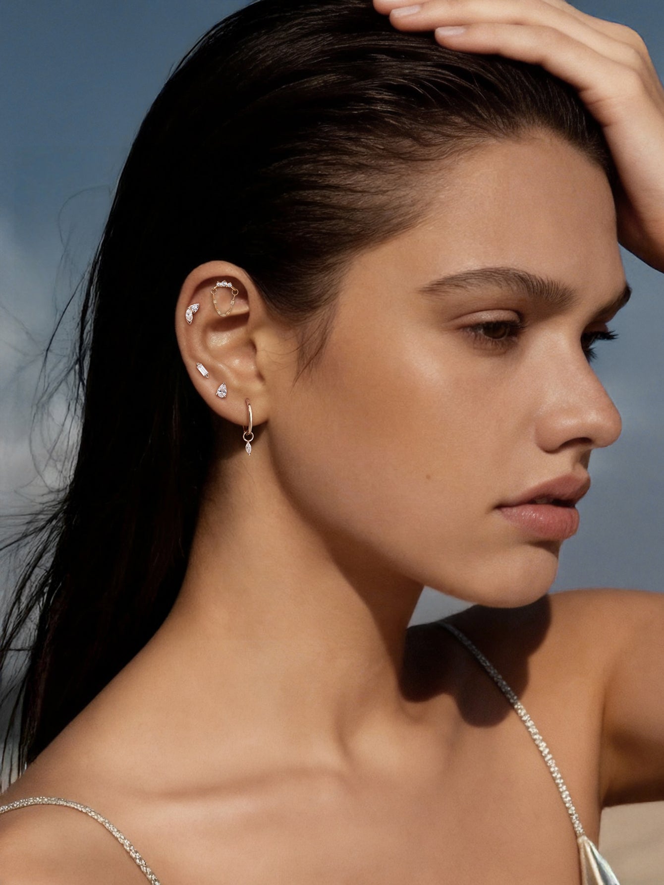 14K Gold Curved Lab-Grown Diamond Bar Chain Dangle Flat Back Delicate Stud