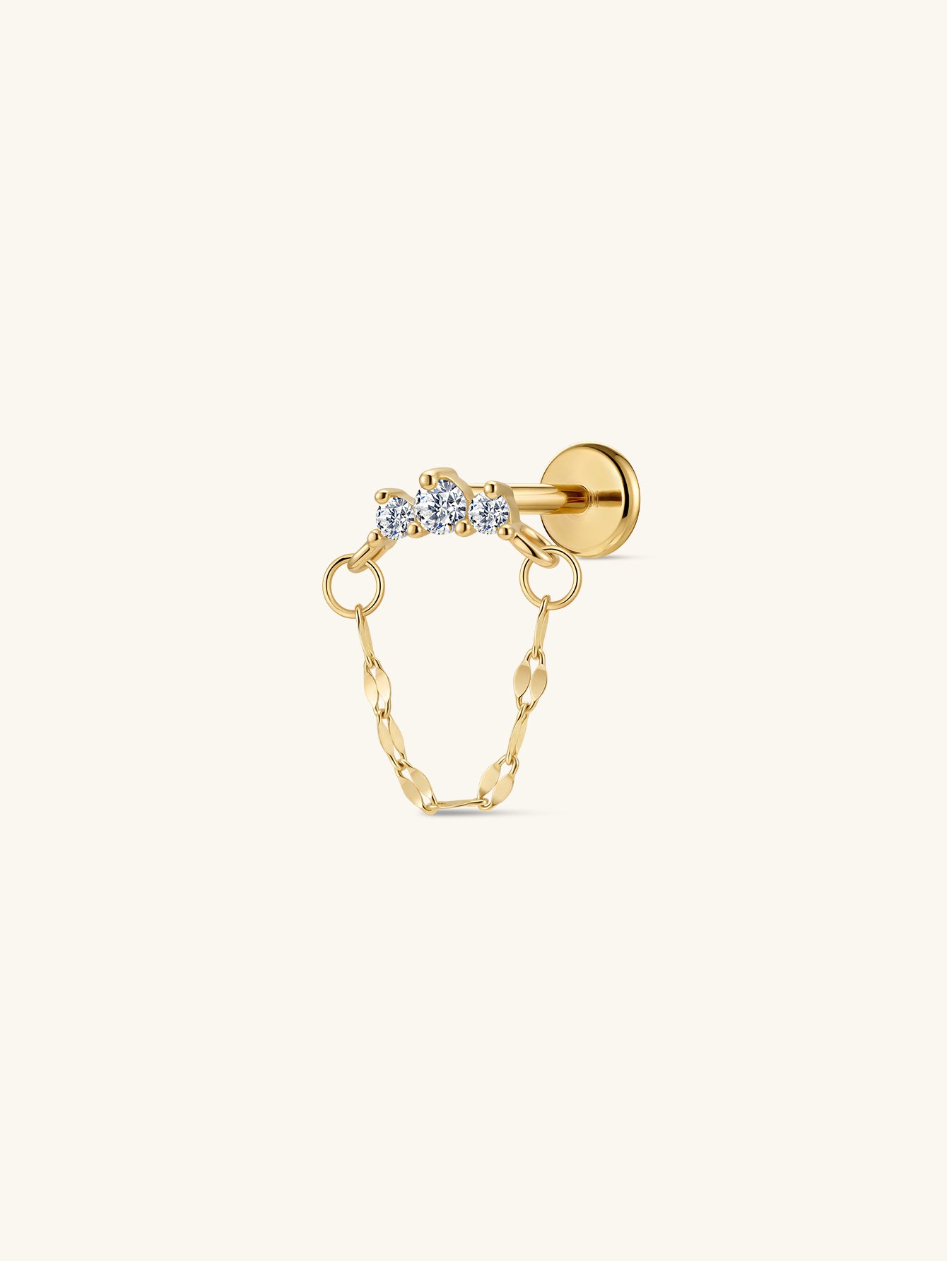 14K Gold Curved Lab-Grown Diamond Bar Chain Dangle Flat Back Delicate Stud