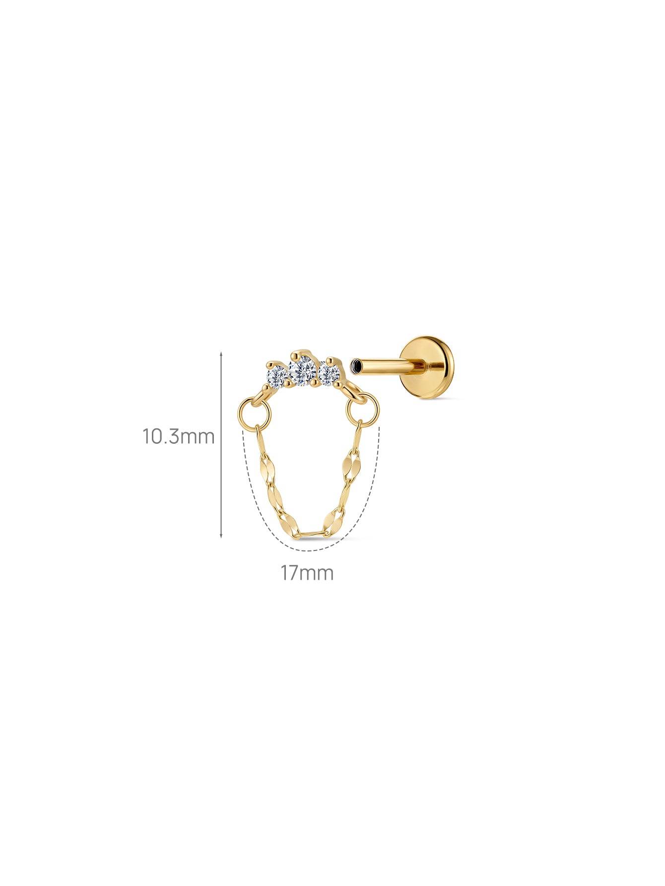 14K Gold Curved Lab-Grown Diamond Bar Chain Dangle Flat Back Delicate Stud