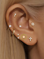 14K solid gold 3.5mm flat disc internally threaded labret stud earring in ear stack.