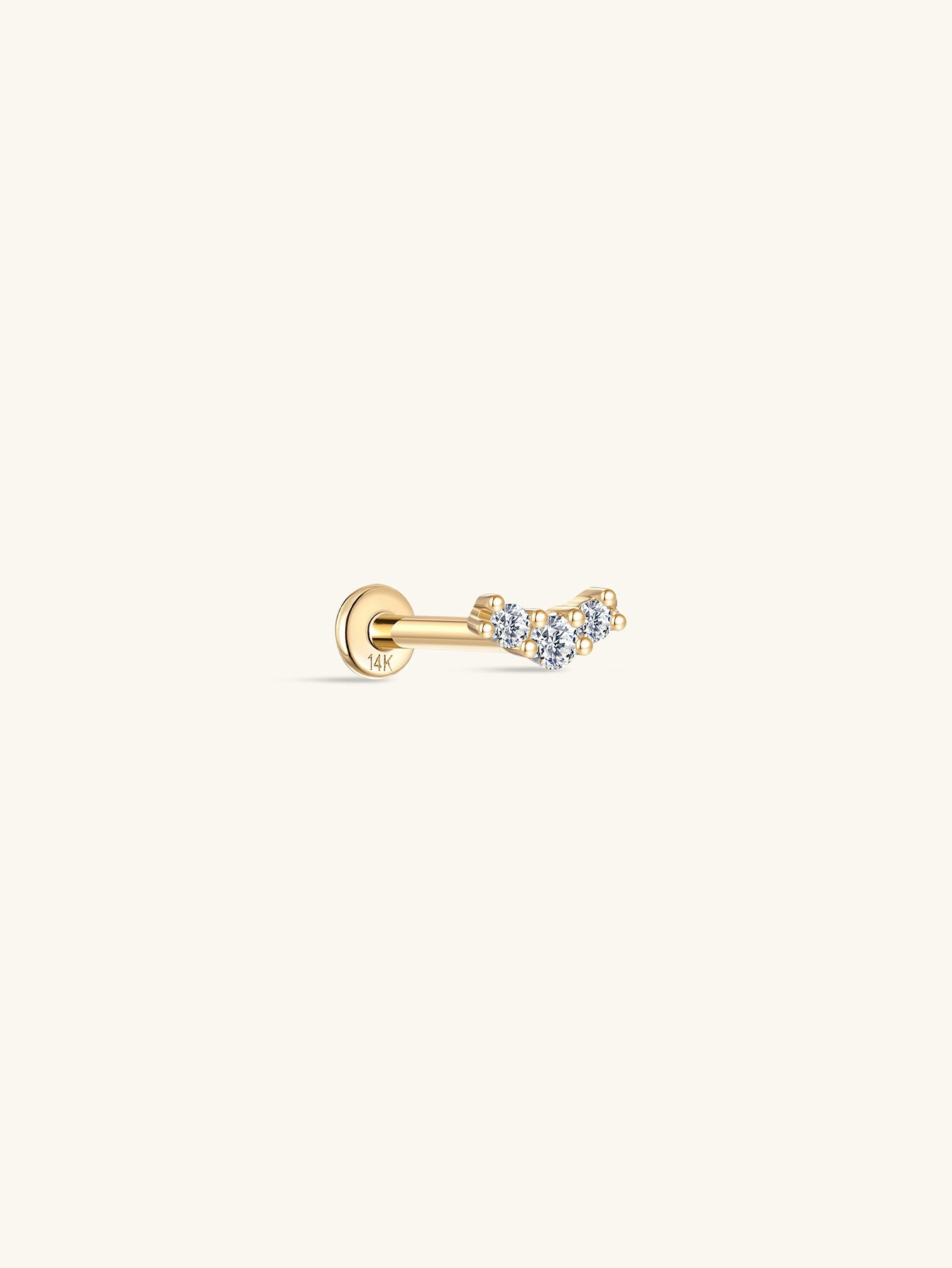 14K solid gold curved ear piercing stud with three pave stones and flat back post.
