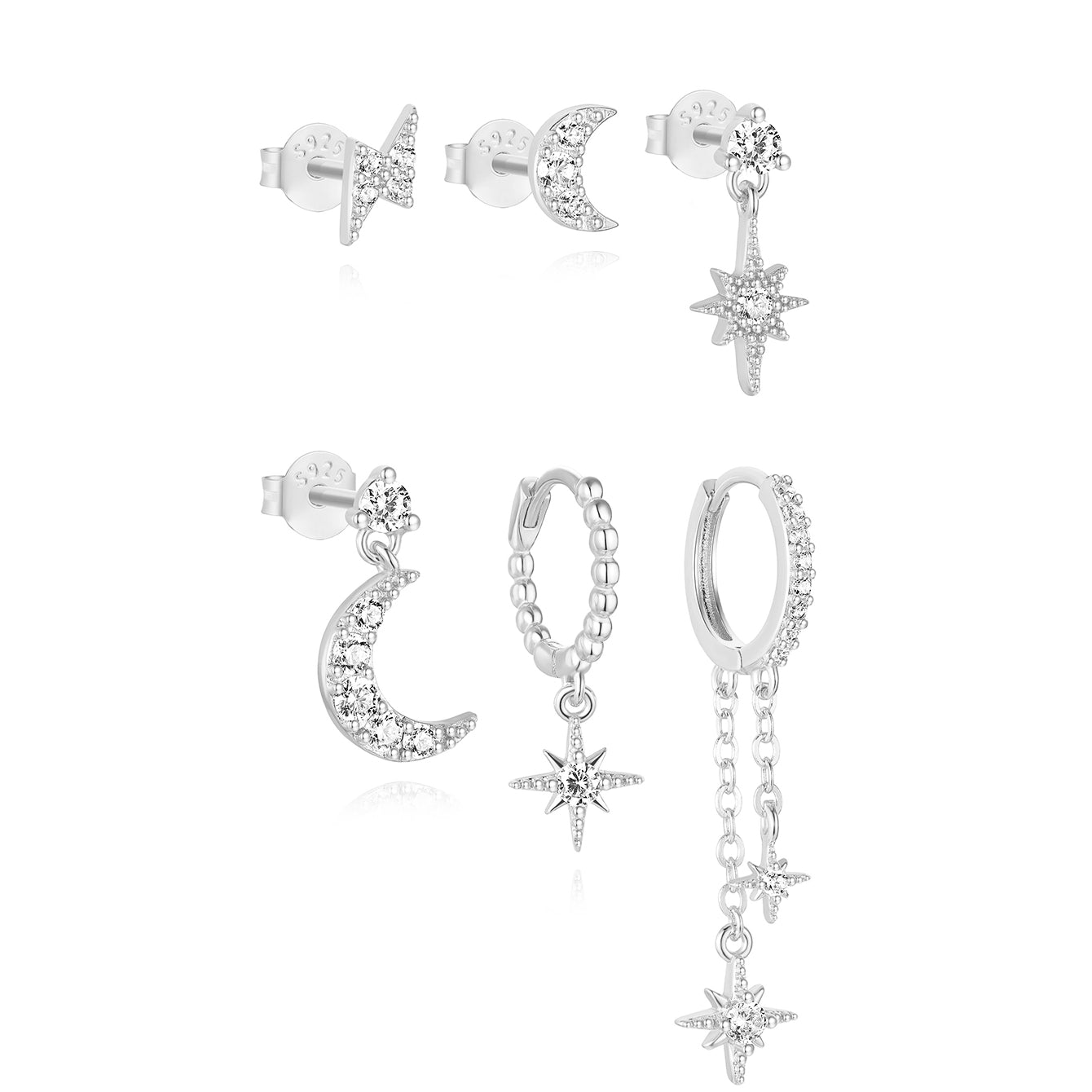 S925 Star and Moon Zircon Earring Set - Kosinerjewelry