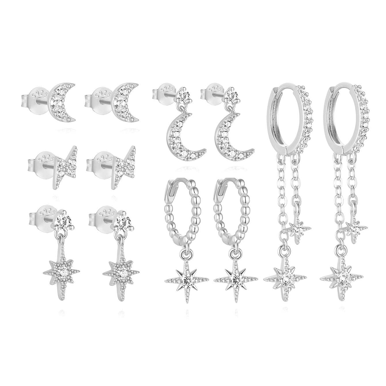 S925 Star and Moon Zircon Earring Set - Kosinerjewelry
