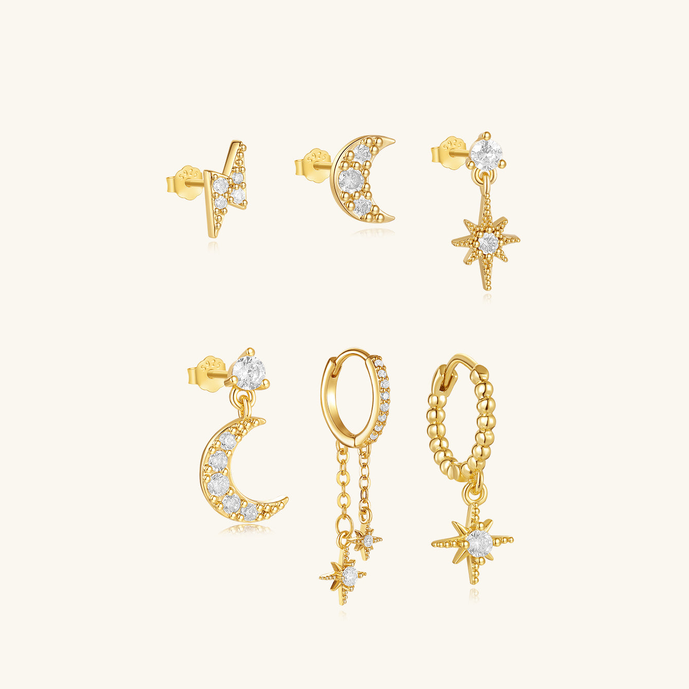 S925 Star and Moon Zircon Earring Set - Kosinerjewelry
