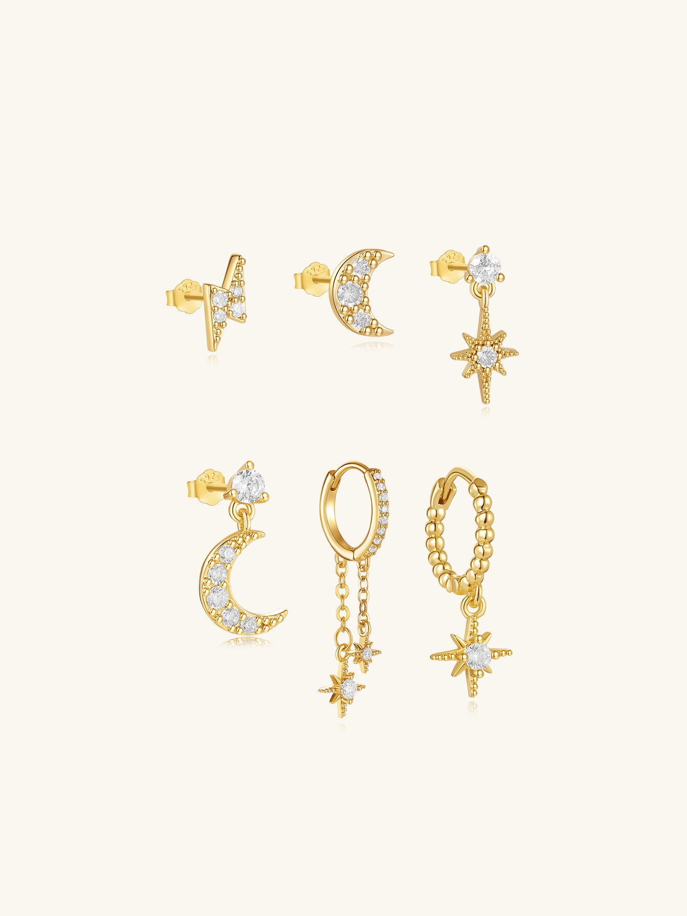 S925 Star and Moon Zircon Earring Set - Kosinerjewelry