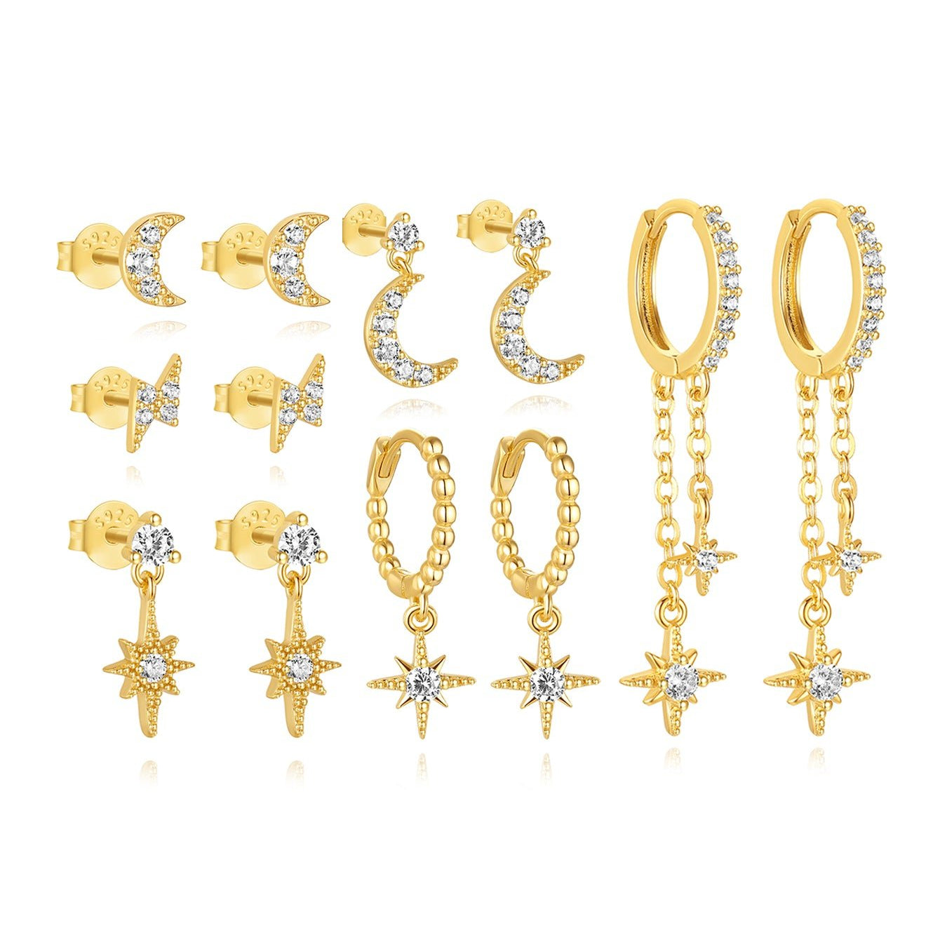 S925 Star and Moon Zircon Earring Set - Kosinerjewelry