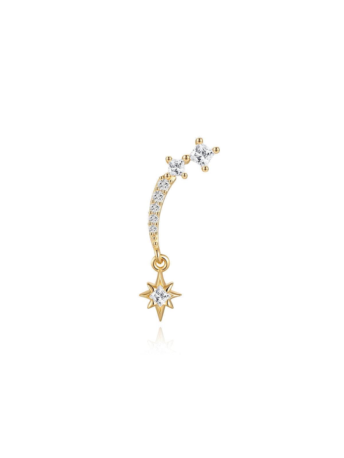 KOSINER Rising Star gold-plated left-ear earring with clear stones, a curved bar and a dangling eight-pointed star