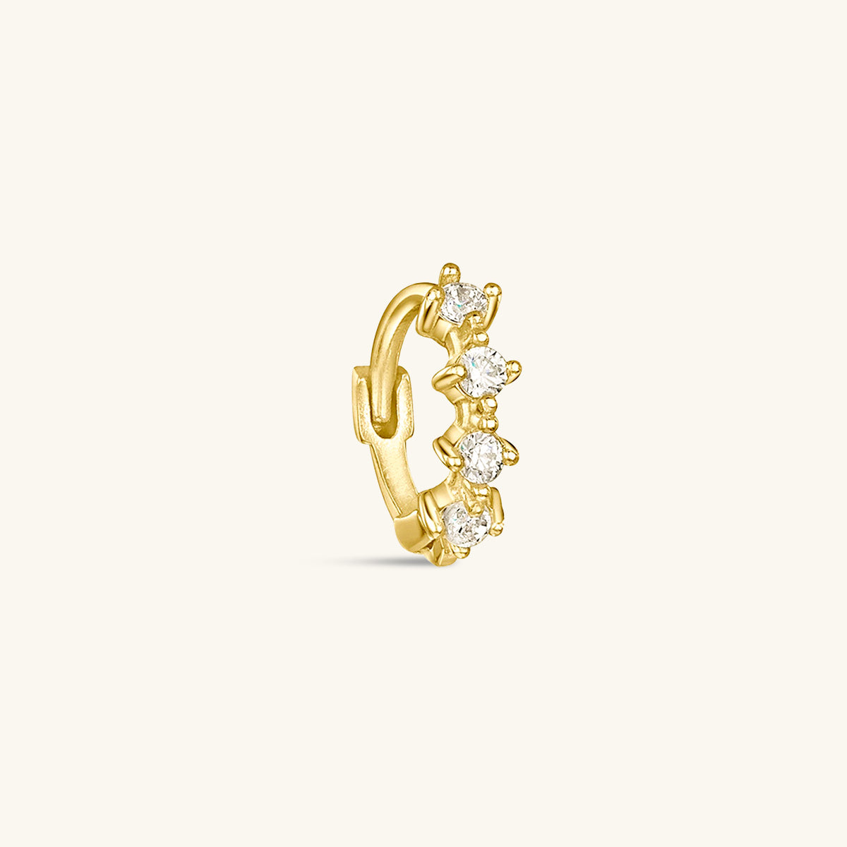 Single 925 Sterling Silver 18K gold plated hoop earring with 4 clear cubic zirconia stones.