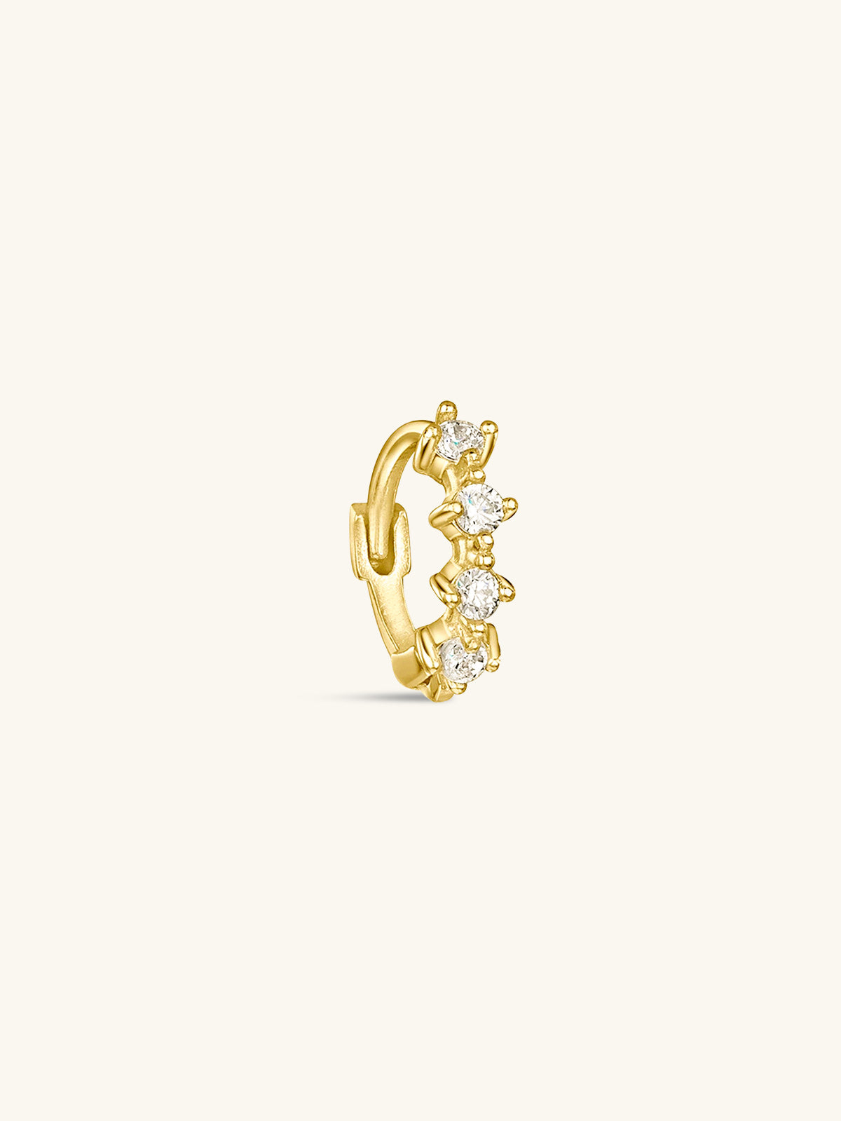 Single 925 Sterling Silver 18K gold plated hoop earring with 4 clear cubic zirconia stones.