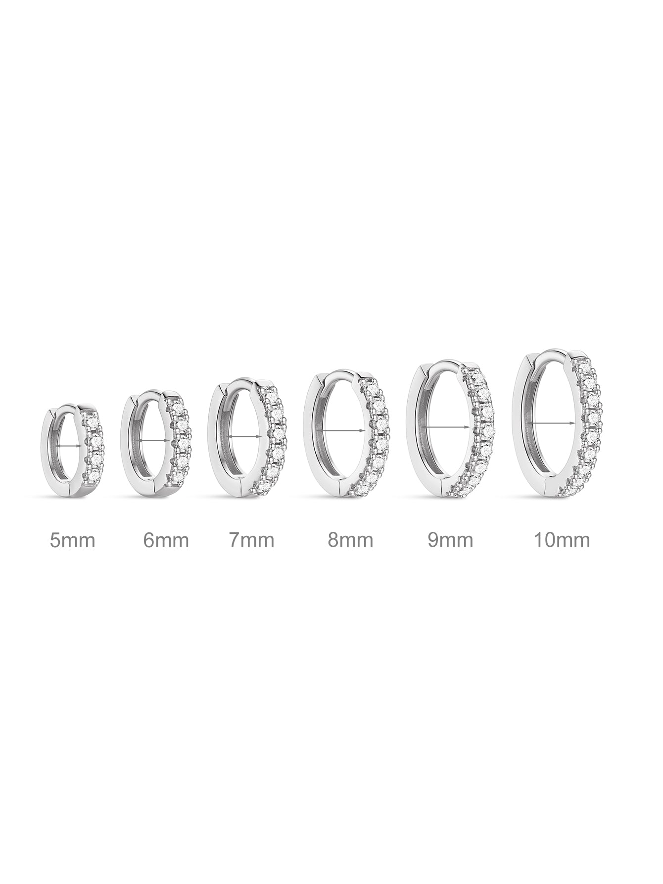 Six 925 Sterling Silver huggie earrings with cubic zirconia, showing inner diameter sizes from 6mm to 14mm.